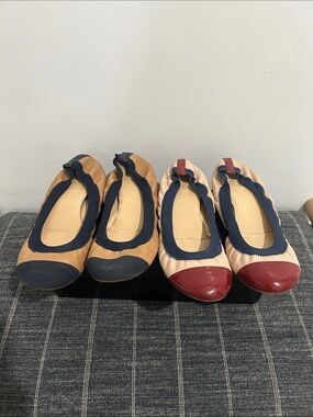 J. Crew Two-Tone Elastic-Trim Ballet Flats in Tan, Beige, Navy & Red